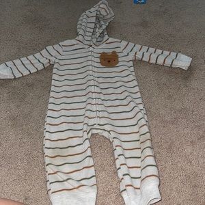 Warm striped one piece bear outfit with hood. Good used condition!
